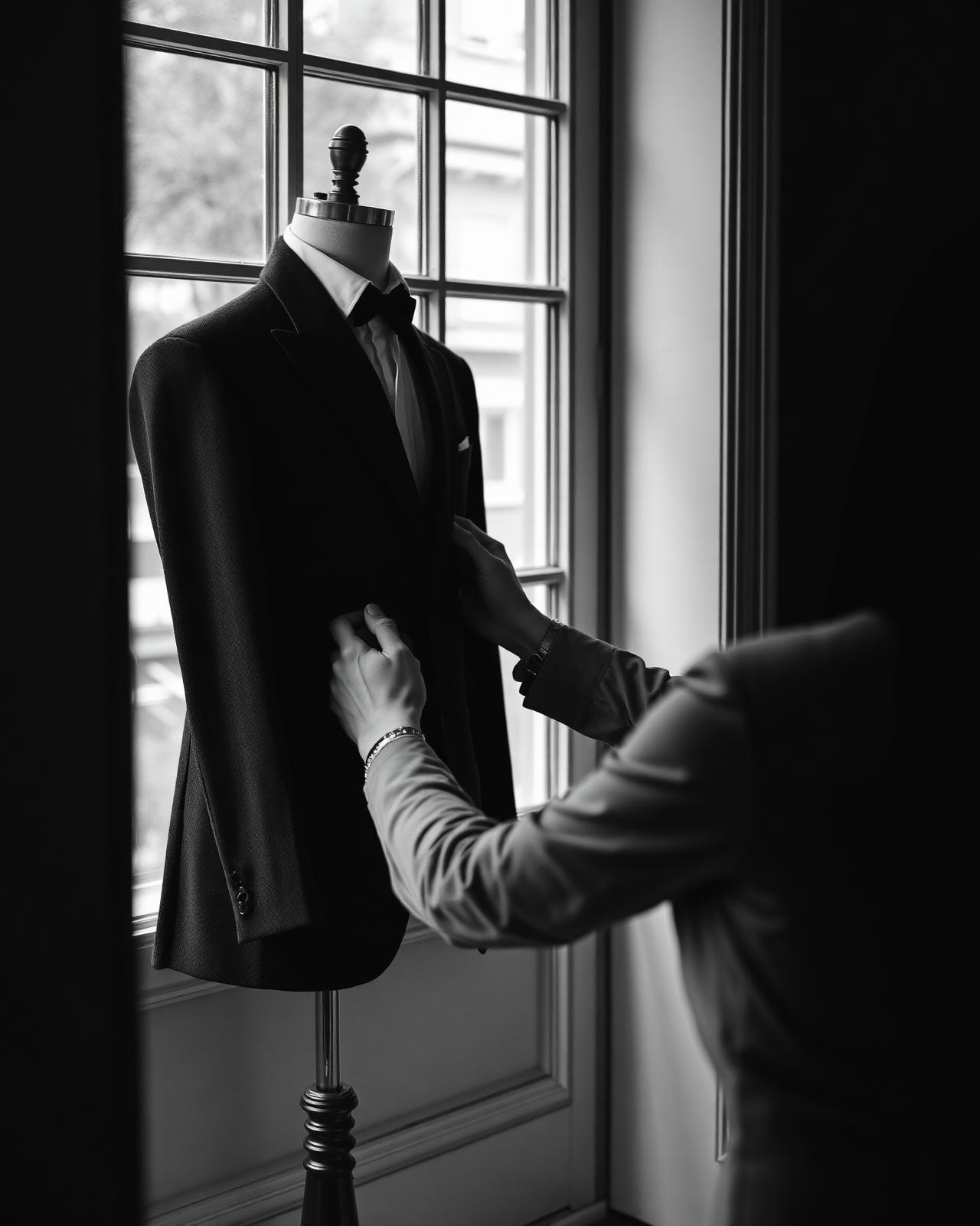 Master tailor fitting a bespoke jacket on a mannequin